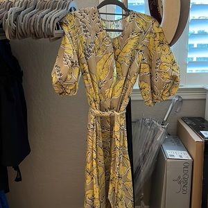 Yellow and brown printed Anthropologie midi dress